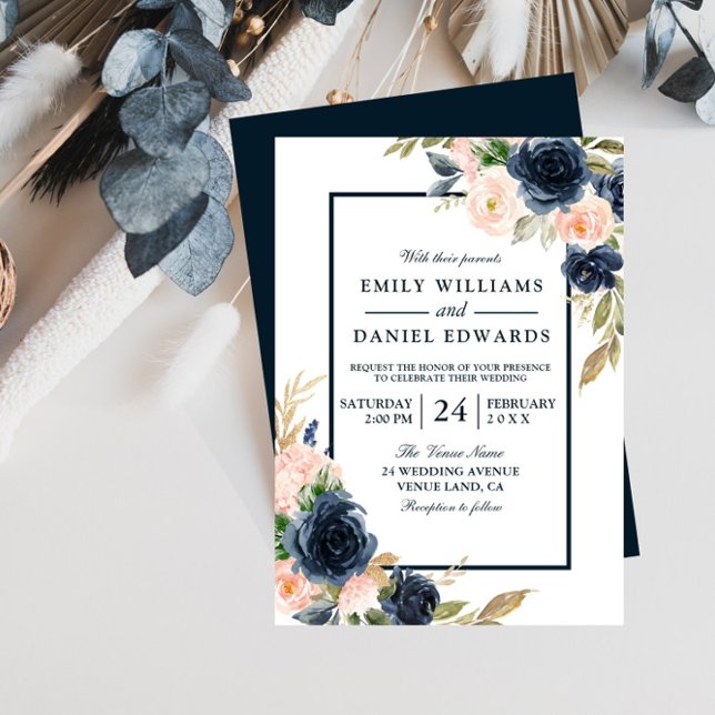 Invitation Marine & Blush Floral Mariage élégant (Créateur téléchargé)