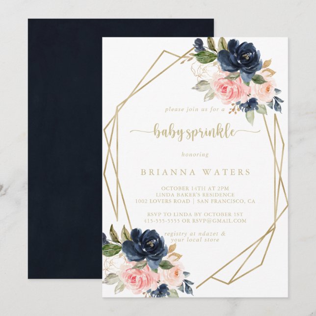 Invitation Marine Blush Floral Or Géométrique Baby Sprinky (Devant / Derrière)