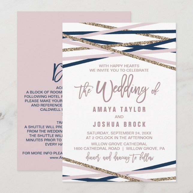 Invitation Marine Blush & Gold Streamers Détail sur Mariage a (Devant / Derrière)