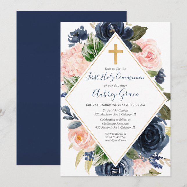 Invitation Marine blush or floral Première communion sainte (Devant / Derrière)