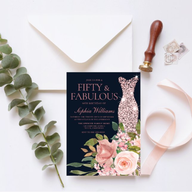Invitation Marine & Blush Rose Robe d'or Floral 50e anniversa (Créateur téléchargé)