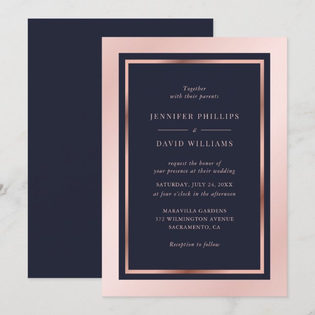 Invitation Marine Blush Rose Rose Or moderne Cadre Mariage (Devant / Derrière)