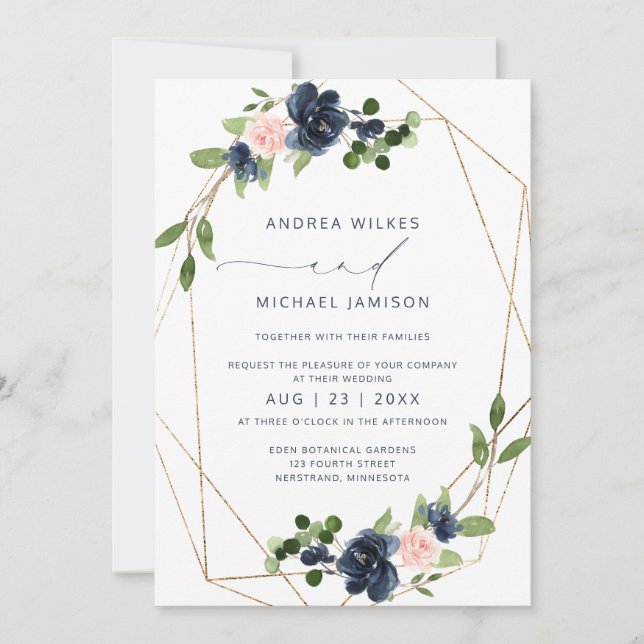 Invitation Marine & Blush Wedding Inviter Faux Foil Géométriq (Devant)