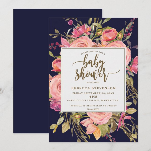 Invitation marine boho rose fleur sauvage baby shower invitat (Devant / Derrière)