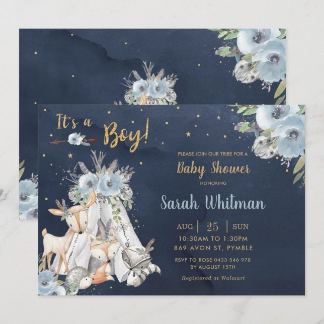 Invitation Marine Bois Animaux Tribal Boho Boy Baby shower (Devant / Derrière)