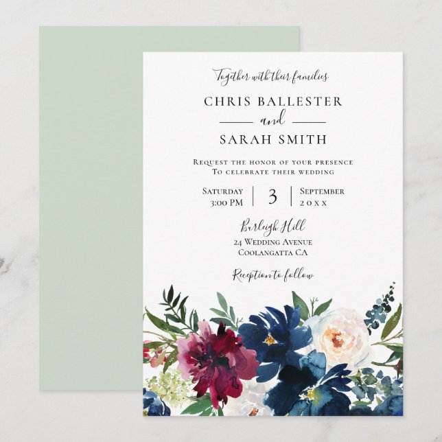 Invitation Marine Bourgogne & Fleurs blanches Mariage élégant (Devant / Derrière)
