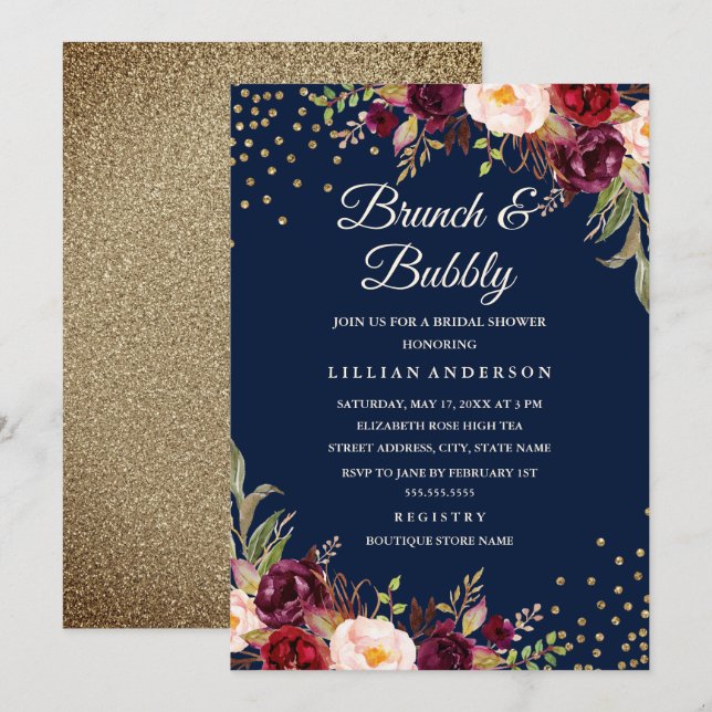 Invitation Marine Bourgogne Floral Confetti Brunch et Bubbly (Devant / Derrière)