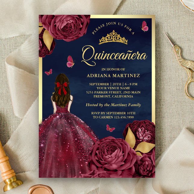 Invitation Marine Bourgogne Robe Florale Papillon Quinceanera (Créateur téléchargé)