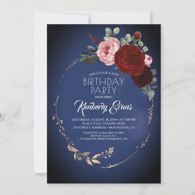 Invitation Marine Bourgogne Rouge et or Floral moderne Annive (Devant)