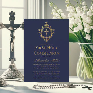 Invitation Marine Boy First Communion Faux Gold Cross in Cres