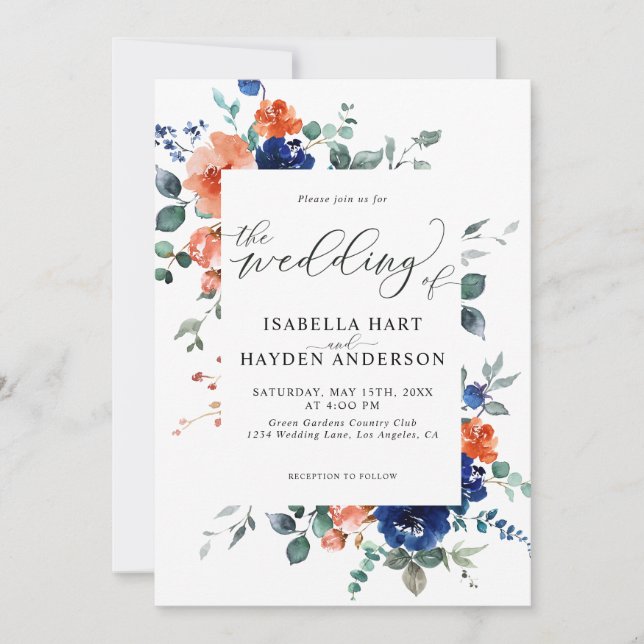 Invitation Marine Brûlé Orange Floral Fleurs Mariage Boho (Devant)