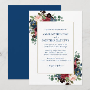 Invitation Marine Burgundy Blush Peonies Eucalyptus Mariage