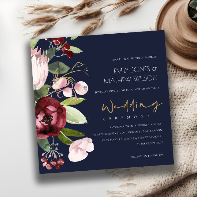 INVITATION MARINE BURGUNDY BURGUNDY PROTEA PEONY MARIAGE FLOR (Créateur téléchargé)