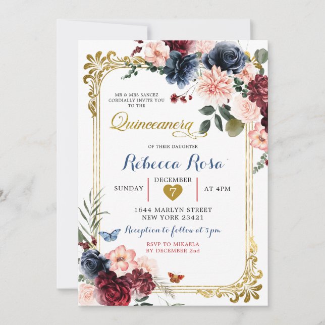 Invitation Marine Burgundy Floral Butterfly Quinceañera (Devant)