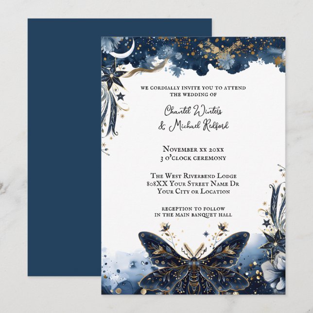 Invitation Marine céleste Bleu et Mousse d'or Mariage romanti (Devant / Derrière)