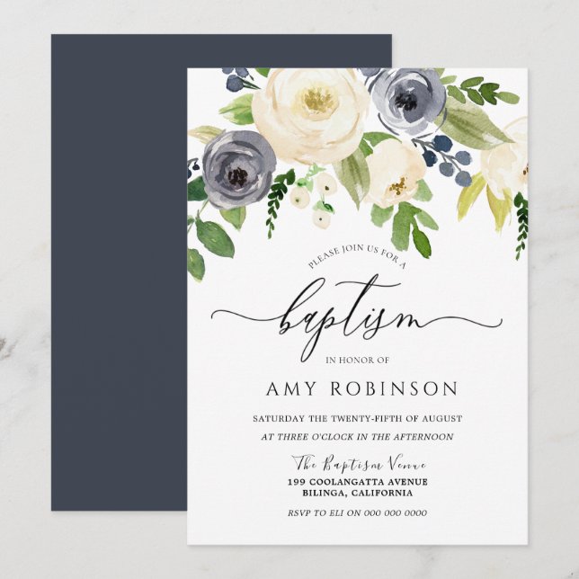 Invitation Marine Champagne Aquarelle Floral Girl Boy Baptême (Devant / Derrière)
