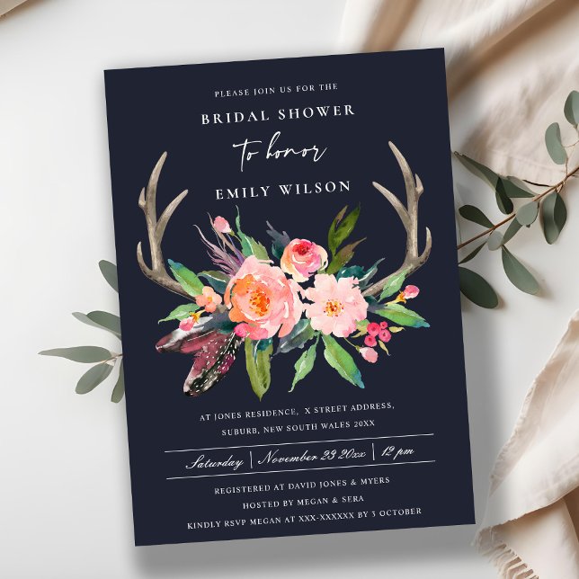 INVITATION MARINE CHIC BOHO BLUSH ANTLER FÊTE DES MARIÉES FLO (Créateur téléchargé)