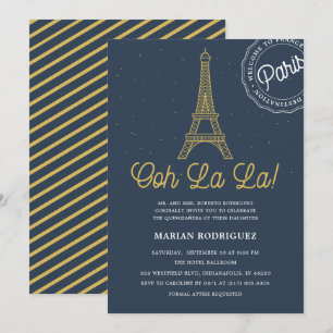Invitation Marine cool Blue Gold Tour Eiffel Paris Quinceañer