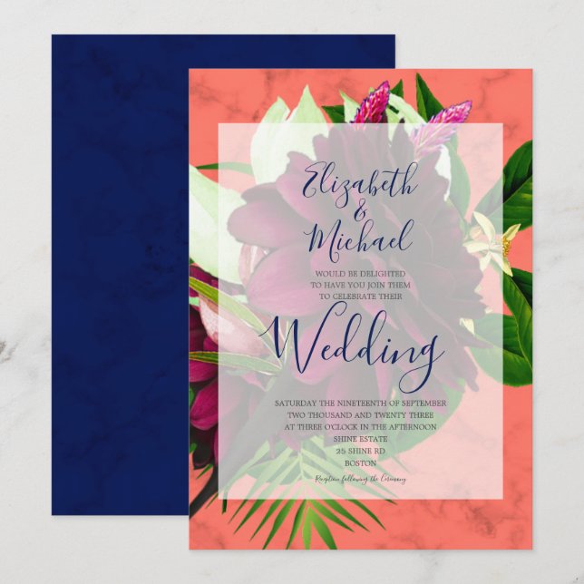 Invitation Marine Coral bleu Floral Élégant Mariage moderne (Devant / Derrière)
