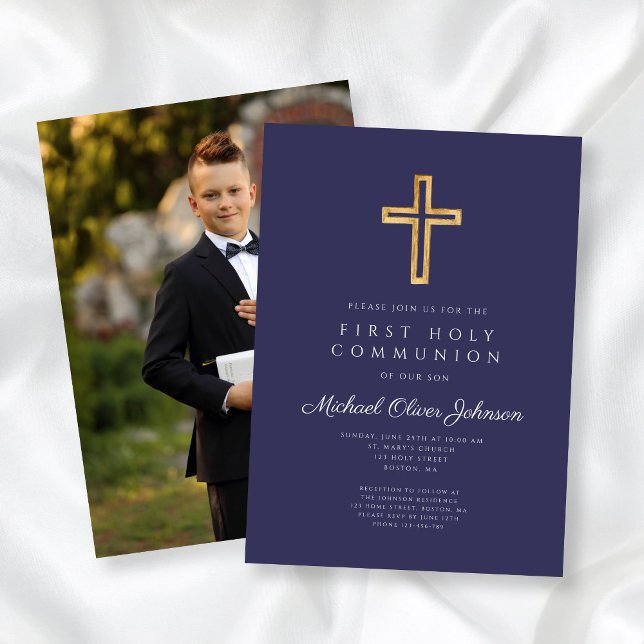 Invitation Marine Croix Bleue Boy Photo First Communion (Navy Blue Cross Boy Photo First Communion Invitation)
