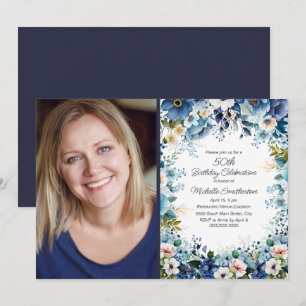 Invitation Marine Dusty Bleu Blanc Flore 50e anniversaire Pho
