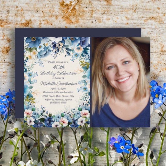 Invitation Marine Dusty Bleu Bleu Flore 75e anniversaire Phot (Blue floral 40th birthday party photo invitation)