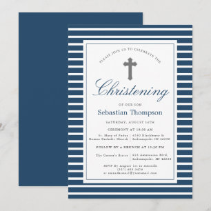 Invitation Marine élégante et rayures blanches Christening