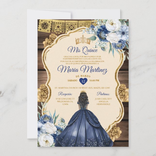Invitation Marine espagnole Bleu Floral Bois 15 Anos Quiñcean (Devant)