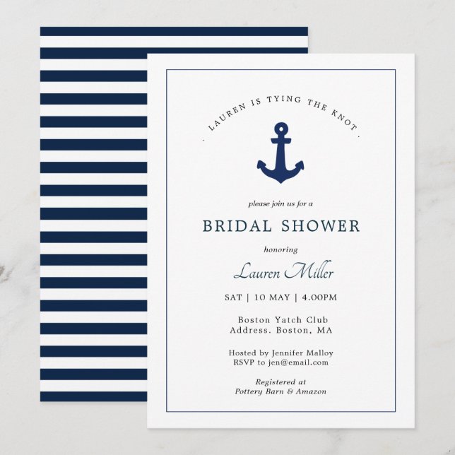 Invitation Marine et Ancre blanche Fête des mariées nautique (Devant / Derrière)