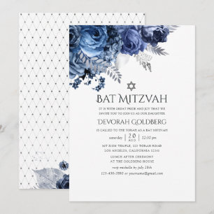 Invitation Marine et blanc avec Bat mitzvah floral à huile d'