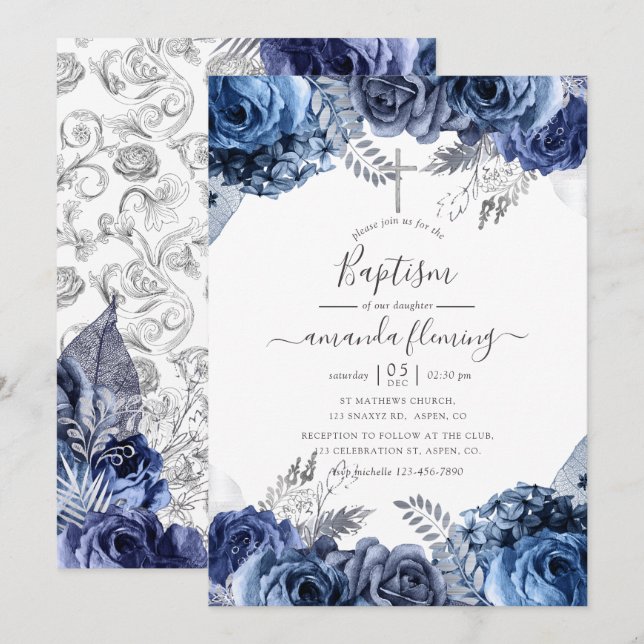 Invitation Marine et blanc avec huile d'argent Baptême floral (Devant / Derrière)