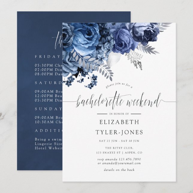 Invitation Marine et blanc avec la Bachelorette Silver Foil (Devant / Derrière)