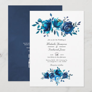 Invitation Marine et Blanc Floral QR Code RSVP Garden Wedding