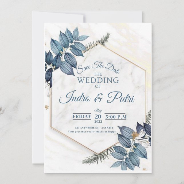 Invitation Marine et bleu clair aquarelle florale tout en un (Devant)