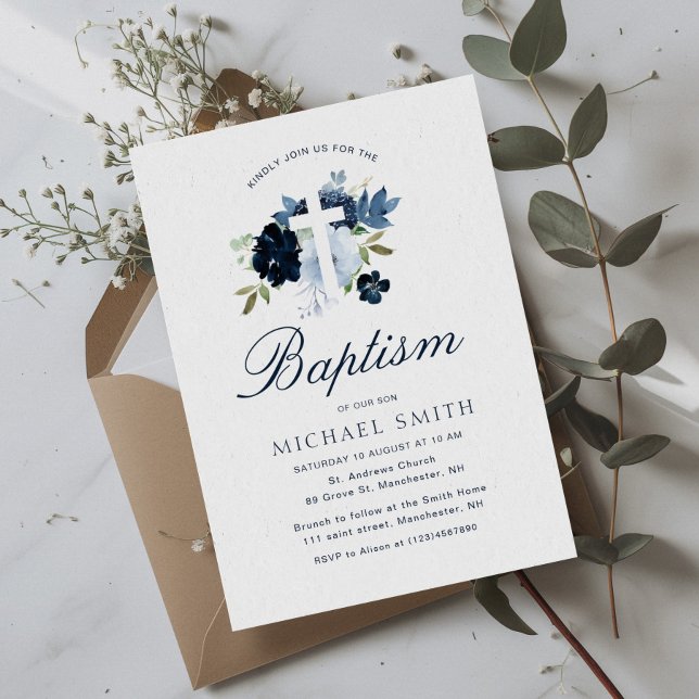 invitation marine et bleu poussiéreux baptême flor (Créateur téléchargé)