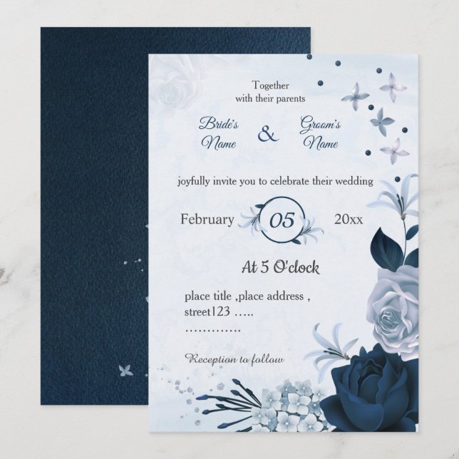 Invitation marine et bleu poussiéreux fleurs mariage botaniqu (Devant / Derrière)