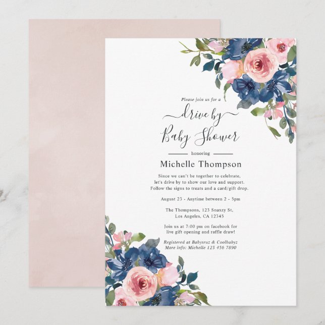 Invitation Marine et Blush Floral Drive par douche (Devant / Derrière)
