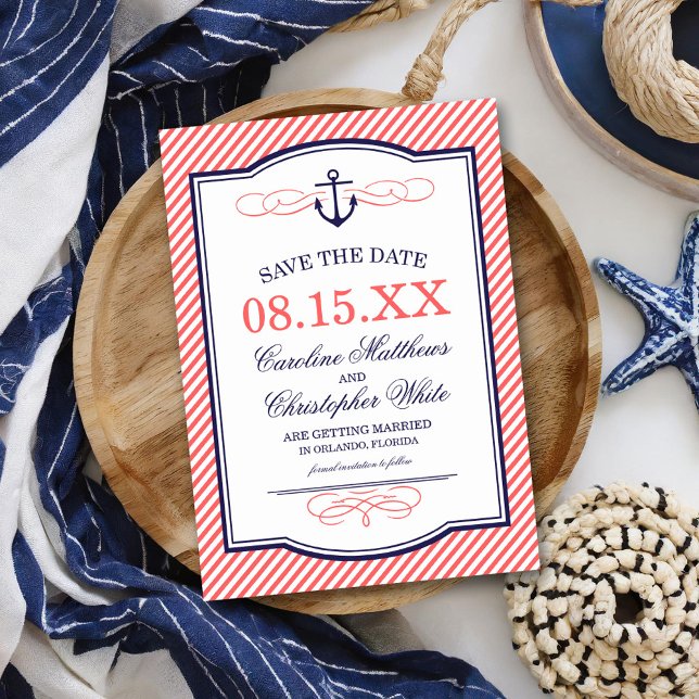 Invitation Marine et Coral Ancre nautique Enregistrer la date (Créateur téléchargé)