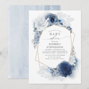Invitation Marine et Dusty Blue Floral Baby shower moderne