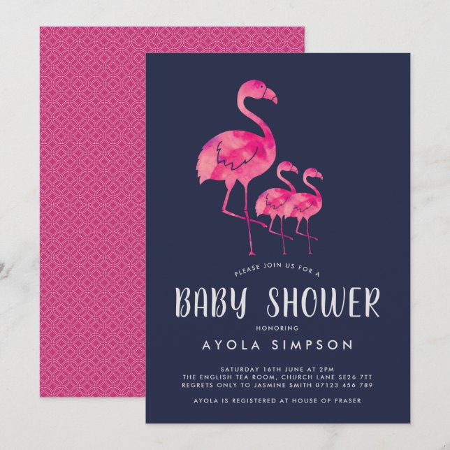 Invitation Marine et Flamants roses roses Jumeaux Baby shower (Devant / Derrière)