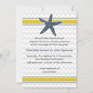 Invitation Marine et Jaune Starfish Beach Mariage papeterie