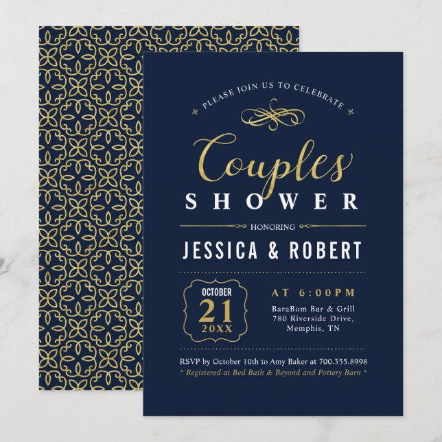 Invitation Marine et Or | Élégant Wedding shower Couples (Devant / Derrière)