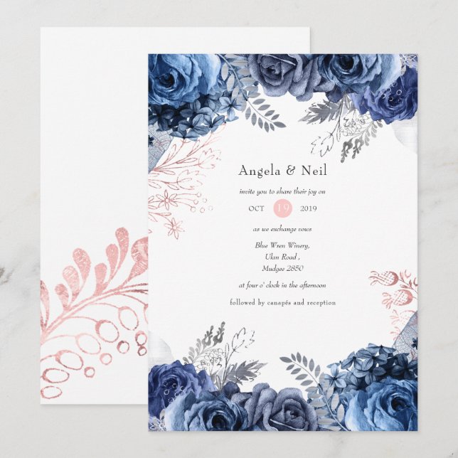 Invitation Marine et rose avec Mariage floral à huile d'argen (Devant / Derrière)