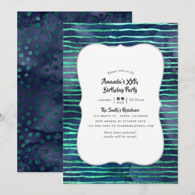 Invitation Marine et Turquoise Stripes et Pois Anniversaire (Devant / Derrière)
