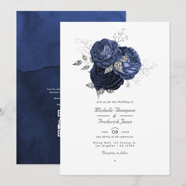 Invitation Marine & Faux Parties scintillant Argent Floral QR (Devant / Derrière)