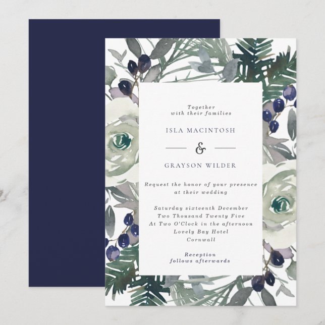 Invitation Marine & Fleurs blanches & Berries Mariage d'hiver (Devant / Derrière)