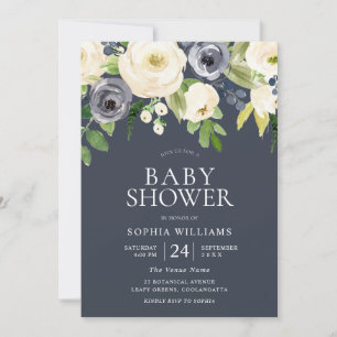 Invitation Marine & Fleurs Blanches Fille Garçon Baby shower 