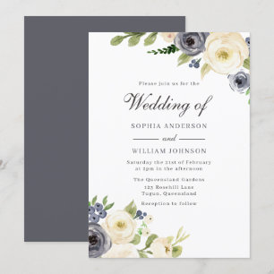 Invitation Marine & Fleurs Blanches Mariage pur et élégant