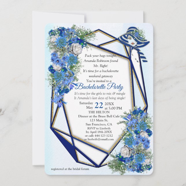 Invitation Marine géométrique - Bachelorette Fleurs Bleues (Devant)
