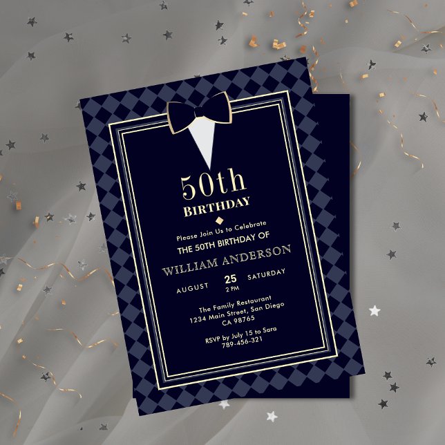 Invitation Marine glamour Blue & Gold Tuxedo âge de jalon (Glamorous Navy Blue & Gold Tuxedo Milestone Age Invitation )